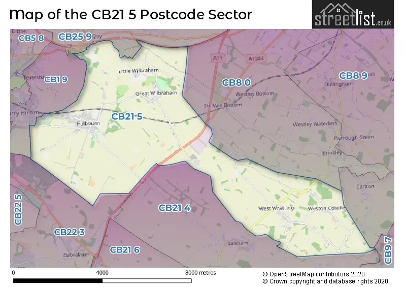 Map of the CB21 5 and surrounding postcode sector