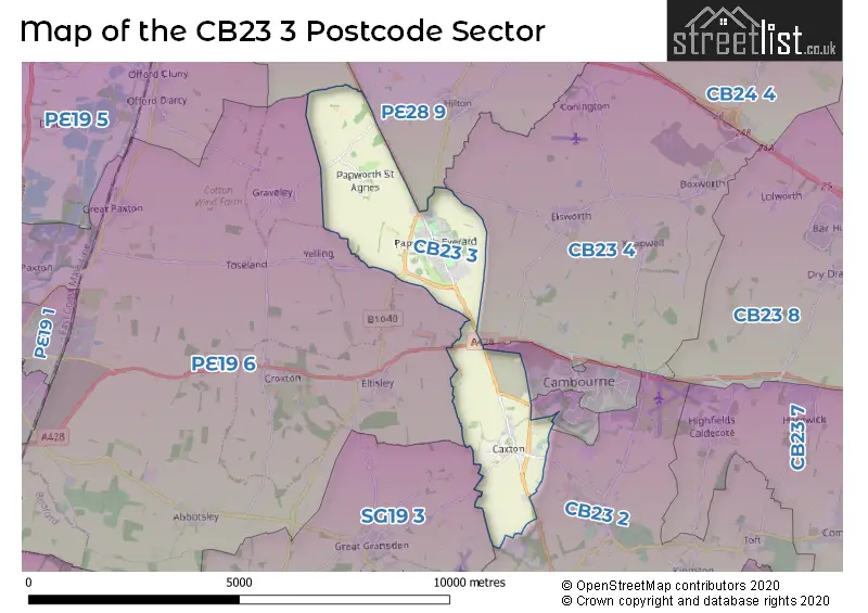 Map of the CB23 3 and surrounding postcode sector