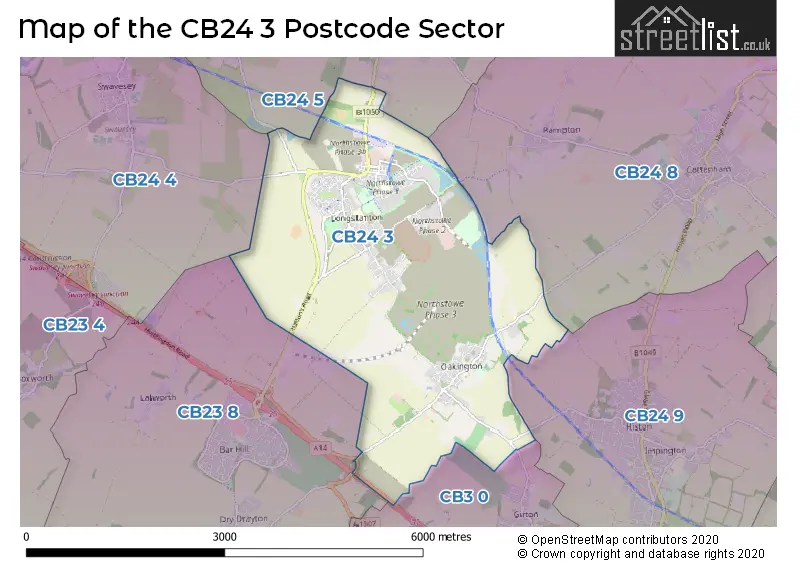 Map of the CB24 3 and surrounding postcode sector