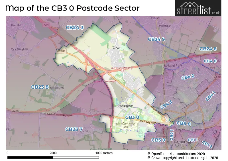 Map of the CB3 0 and surrounding postcode sector