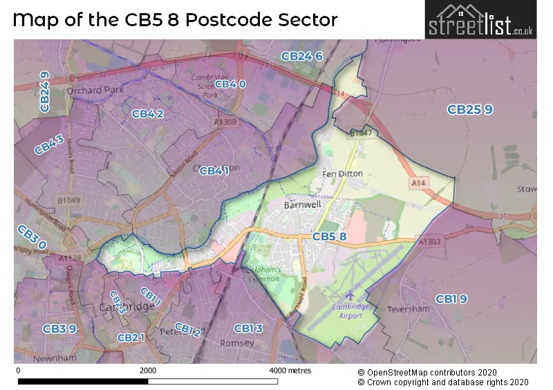 Map of the CB5 8 and surrounding postcode sector