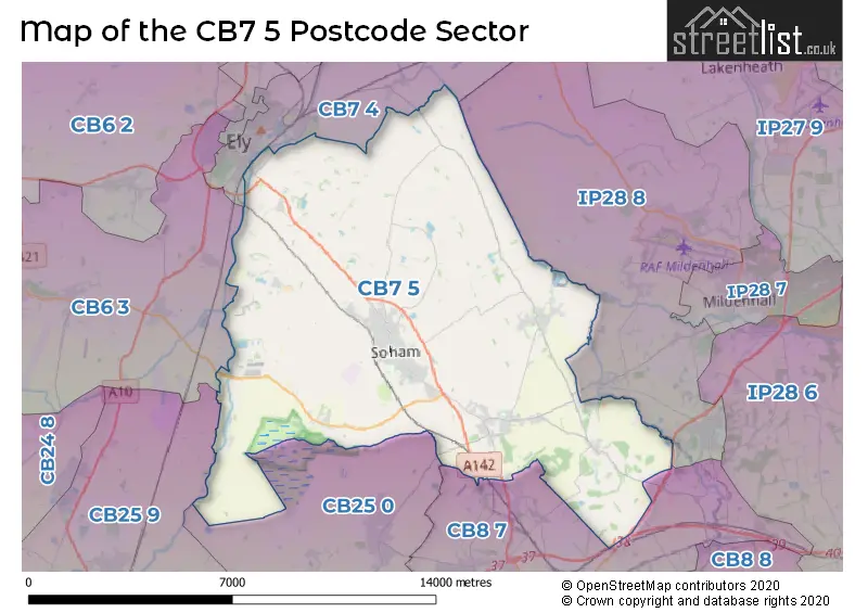 Map of the CB7 5 and surrounding postcode sector