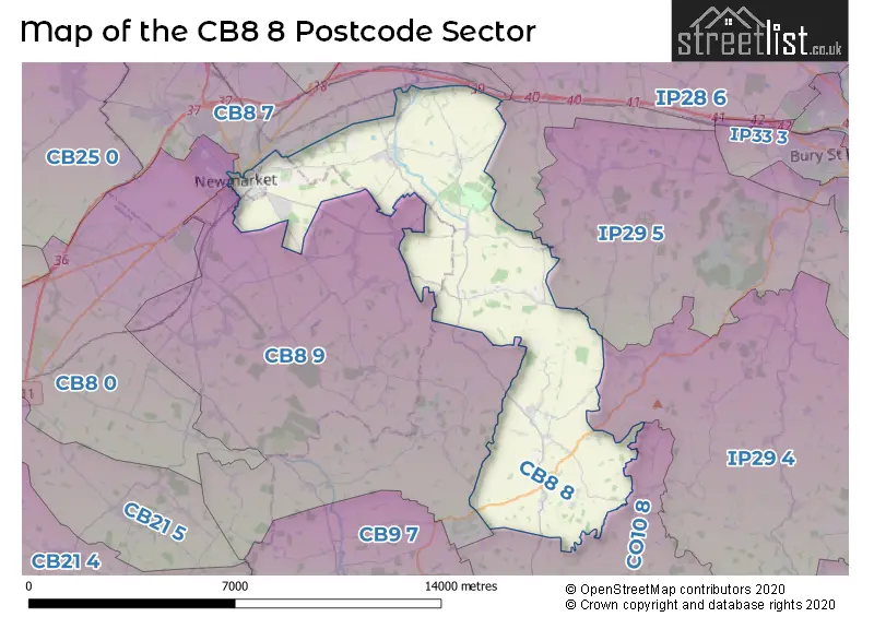 Map of the CB8 8 and surrounding postcode sector