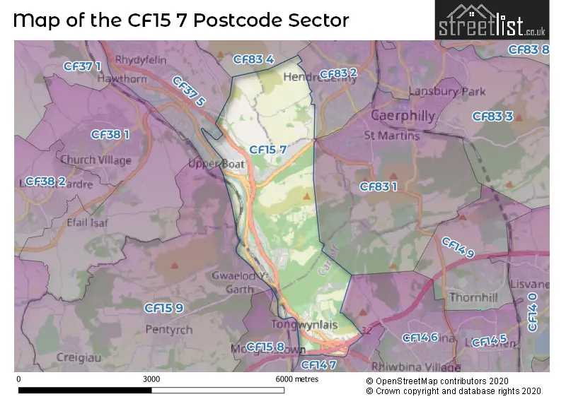 Map of the CF15 7 and surrounding postcode sector