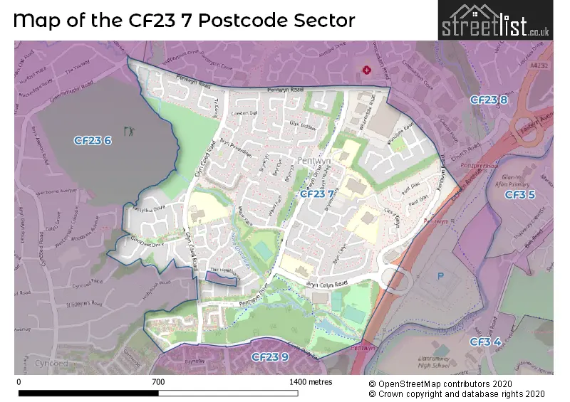 Map of the CF23 7 and surrounding postcode sector