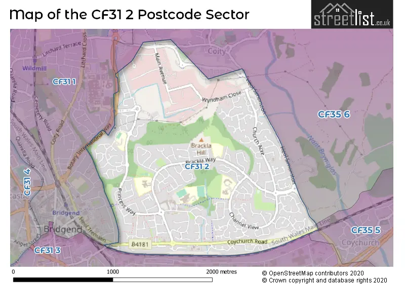 Map of the CF31 2 and surrounding postcode sector