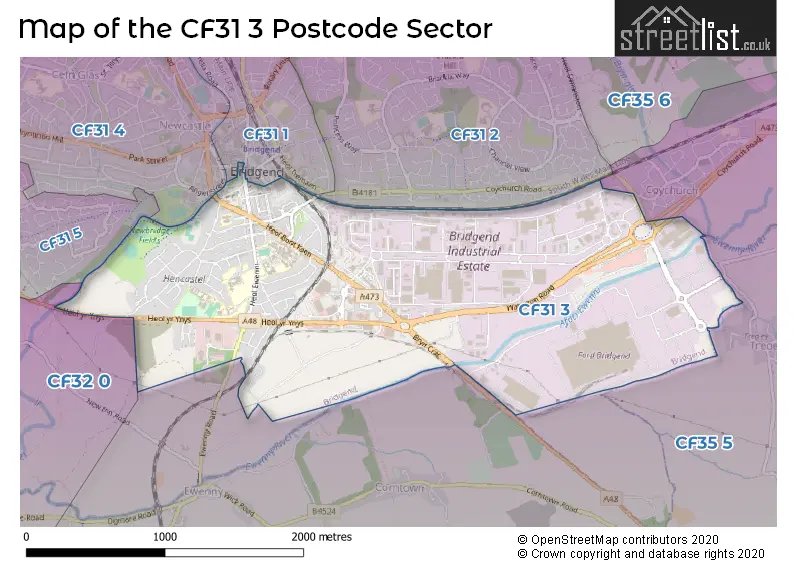 Map of the CF31 3 and surrounding postcode sector