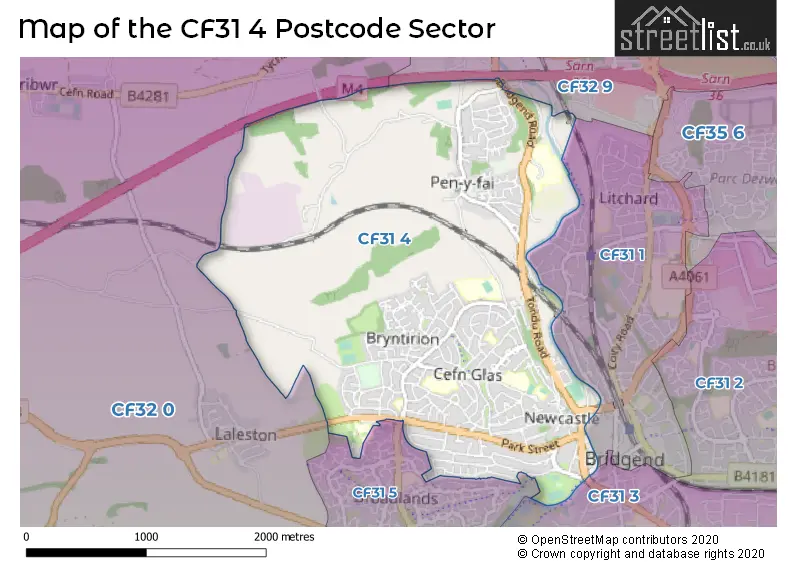 Map of the CF31 4 and surrounding postcode sector