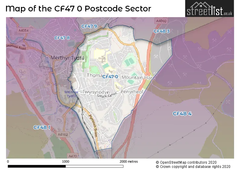 Map of the CF47 0 and surrounding postcode sector