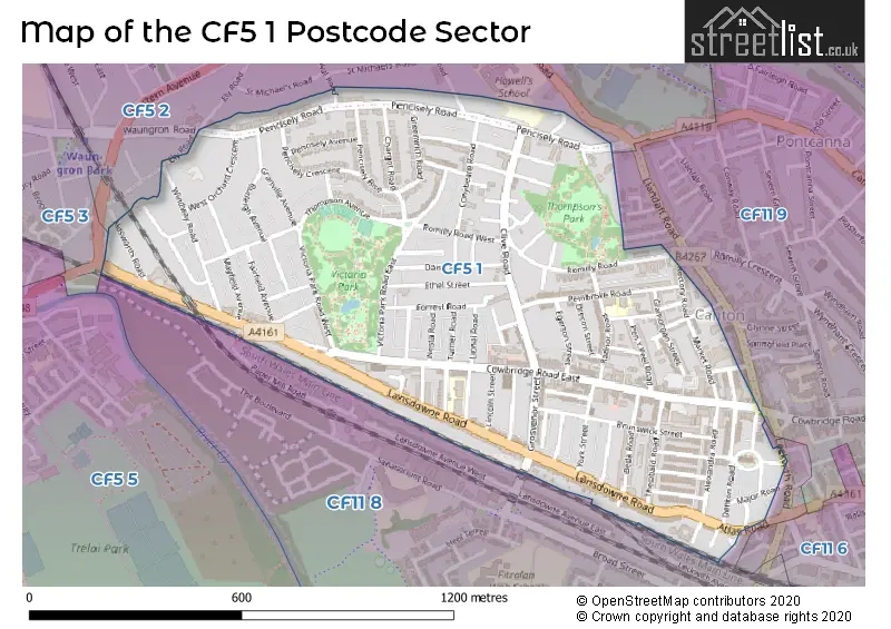 Map of the CF5 1 and surrounding postcode sector