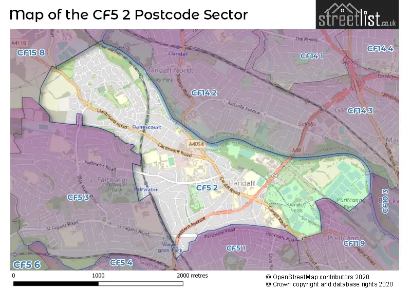 Map of the CF5 2 and surrounding postcode sector