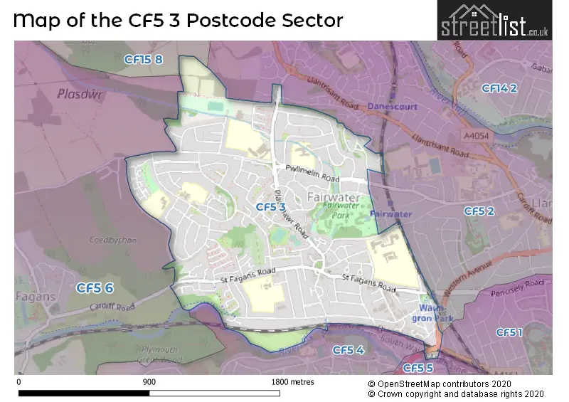 Map of the CF5 3 and surrounding postcode sector