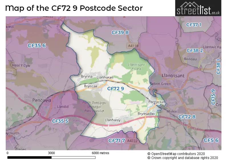 Map of the CF72 9 and surrounding postcode sector