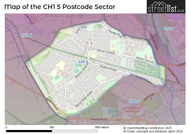 Map of the CH1 5 and surrounding postcode sector