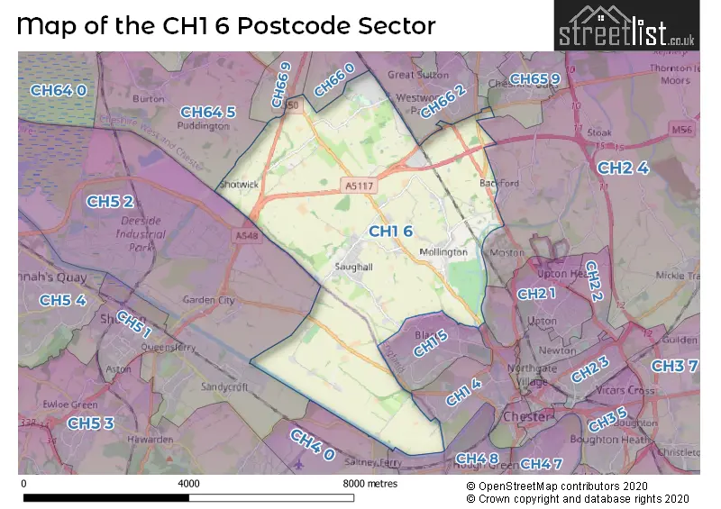 Map of the CH1 6 and surrounding postcode sector