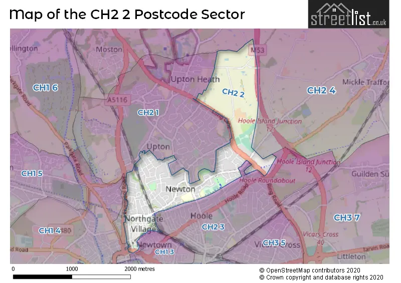 Map of the CH2 2 and surrounding postcode sector