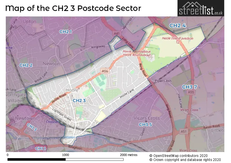 Map of the CH2 3 and surrounding postcode sector