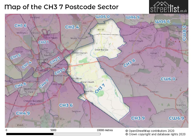 Map of the CH3 7 and surrounding postcode sector