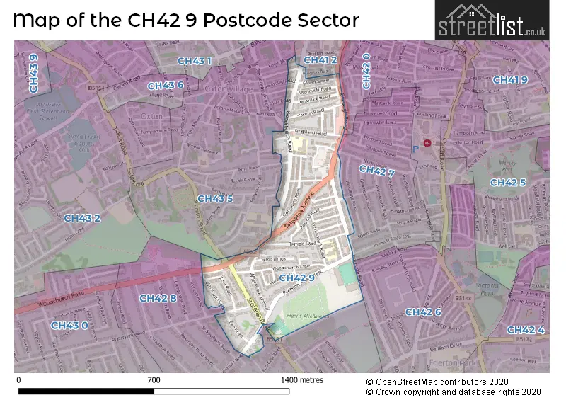 Map of the CH42 9 and surrounding postcode sector