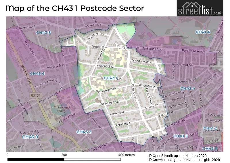 Map of the CH43 1 and surrounding postcode sector