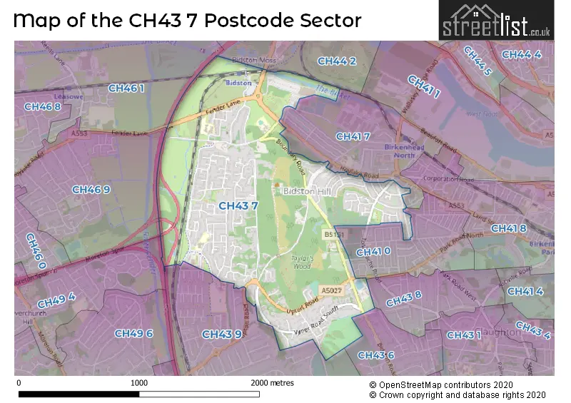 Map of the CH43 7 and surrounding postcode sector