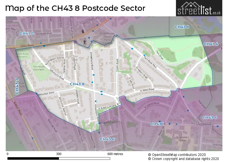 Map of the CH43 8 and surrounding postcode sector