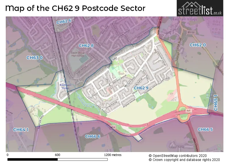 Map of the CH62 9 and surrounding postcode sector