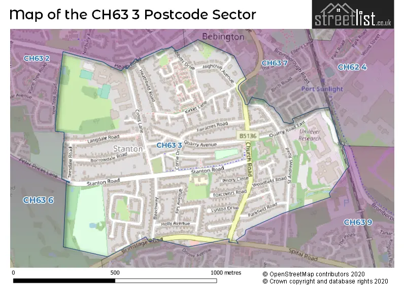 Map of the CH63 3 and surrounding postcode sector