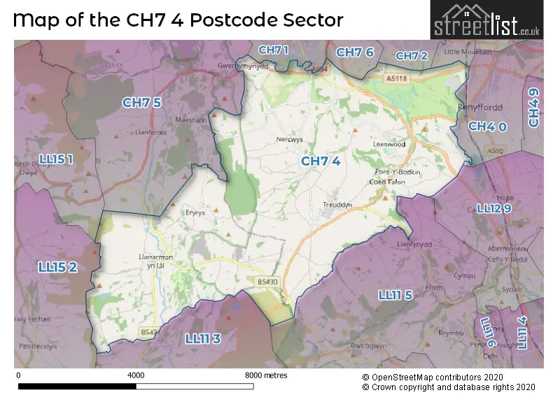 Map of the CH7 4 and surrounding postcode sector