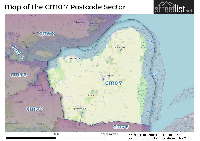 Map of the CM0 7 and surrounding postcode sector