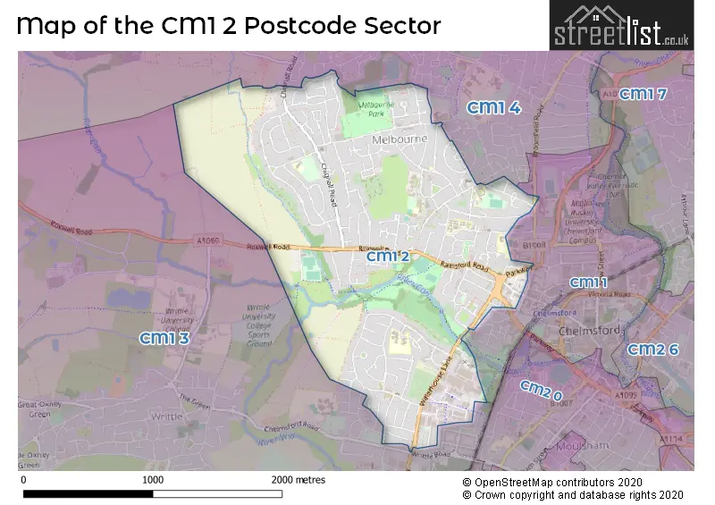 Map of the CM1 2 and surrounding postcode sector