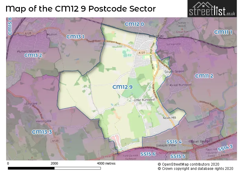 Map of the CM12 9 and surrounding postcode sector