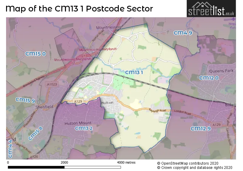 Map of the CM13 1 and surrounding postcode sector