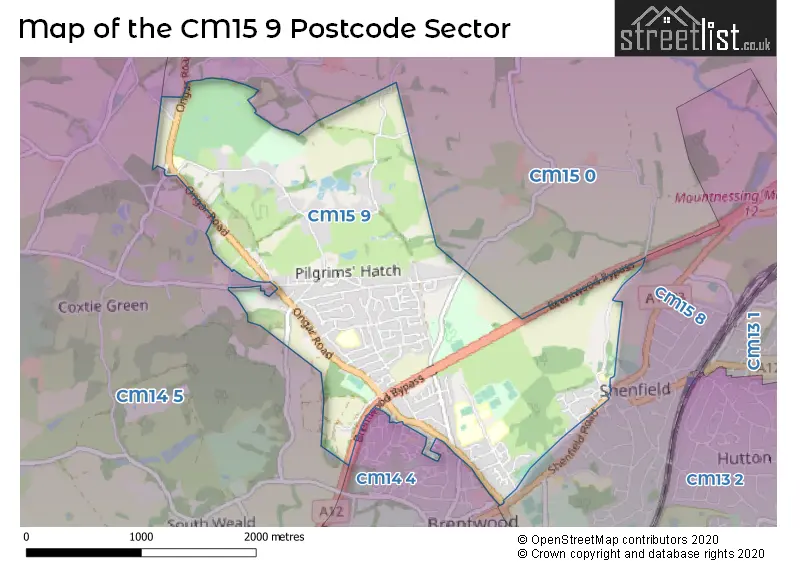 Map of the CM15 9 and surrounding postcode sector