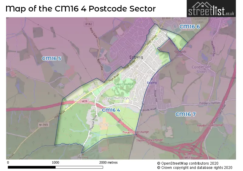 Map of the CM16 4 and surrounding postcode sector