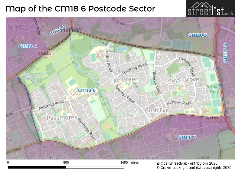 Map of the CM18 6 and surrounding postcode sector