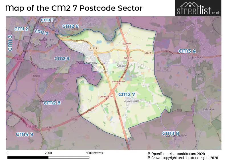Map of the CM2 7 and surrounding postcode sector