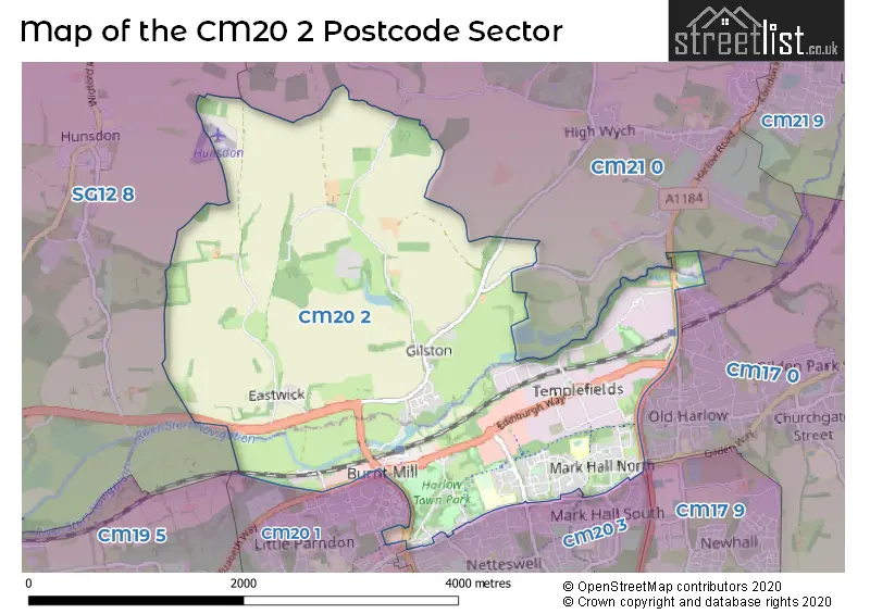 Map of the CM20 2 and surrounding postcode sector