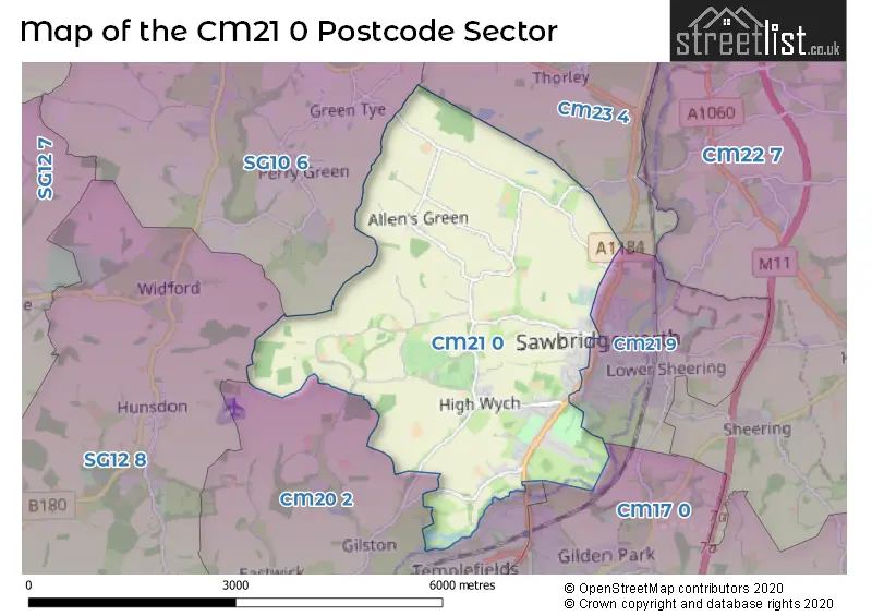 Map of the CM21 0 and surrounding postcode sector