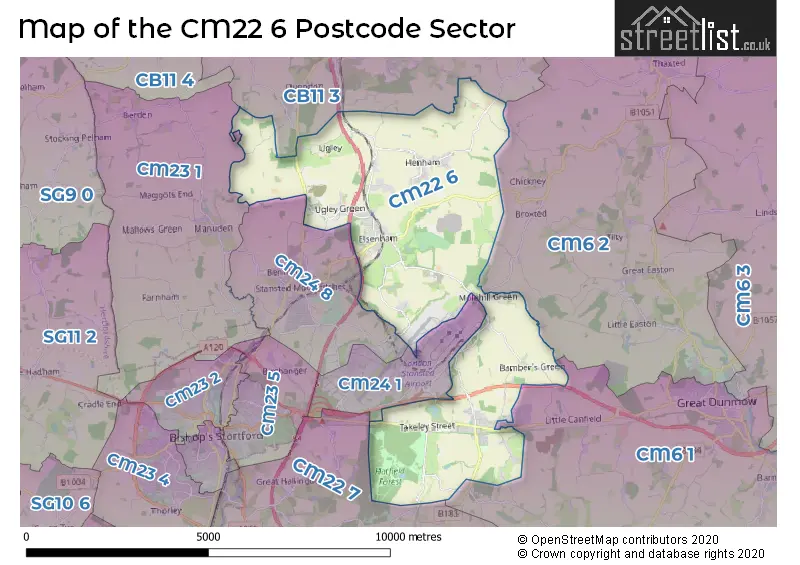 Map of the CM22 6 and surrounding postcode sector