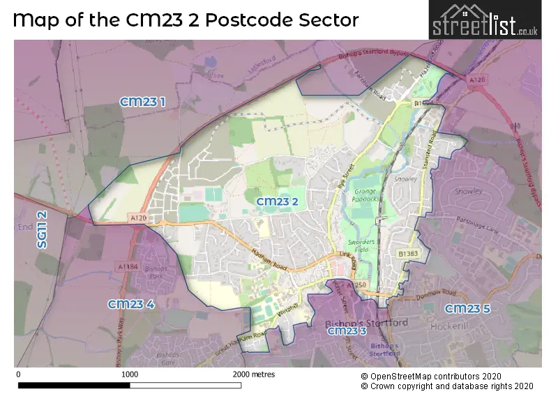 Map of the CM23 2 and surrounding postcode sector