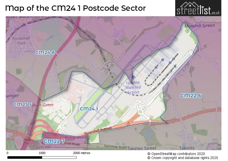 Map of the CM24 1 and surrounding postcode sector