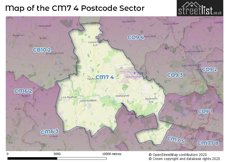 Map of the CM7 4 and surrounding postcode sector