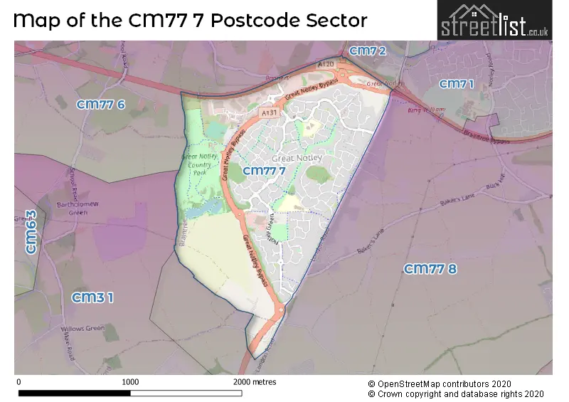 Map of the CM77 7 and surrounding postcode sector