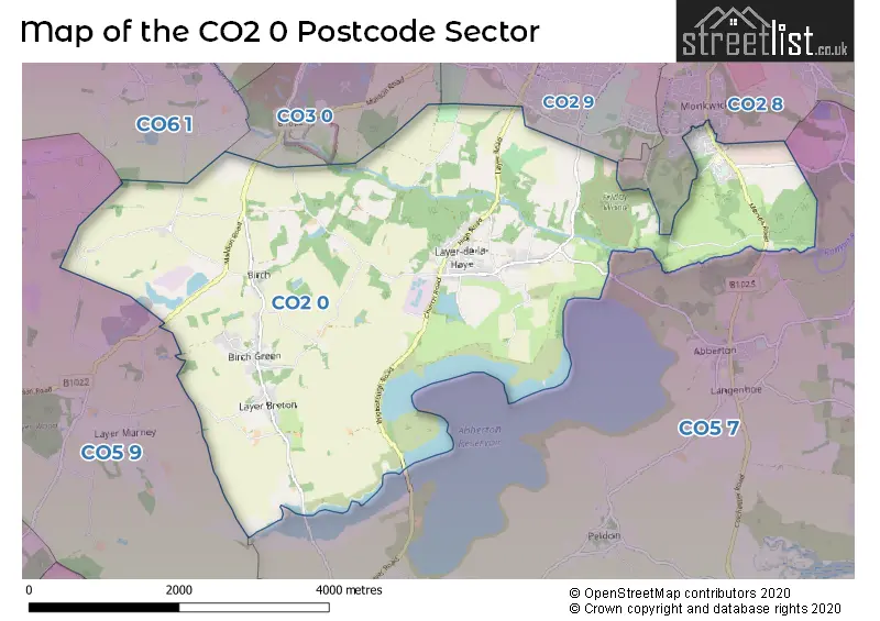 Map of the CO2 0 and surrounding postcode sector
