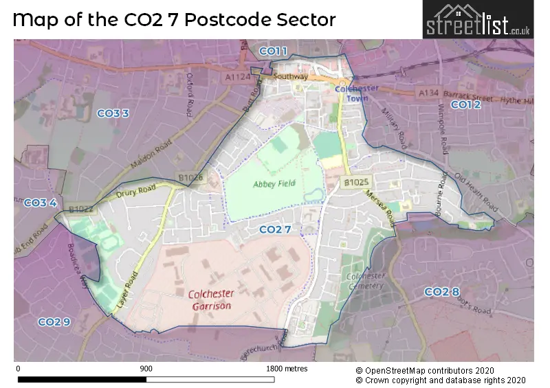 Map of the CO2 7 and surrounding postcode sector