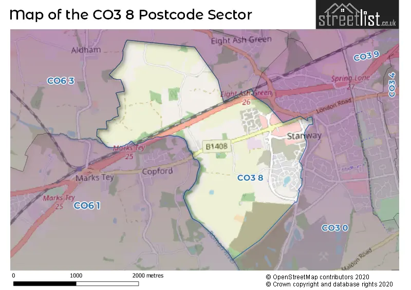 Map of the CO3 8 and surrounding postcode sector