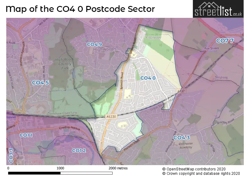 Map of the CO4 0 and surrounding postcode sector