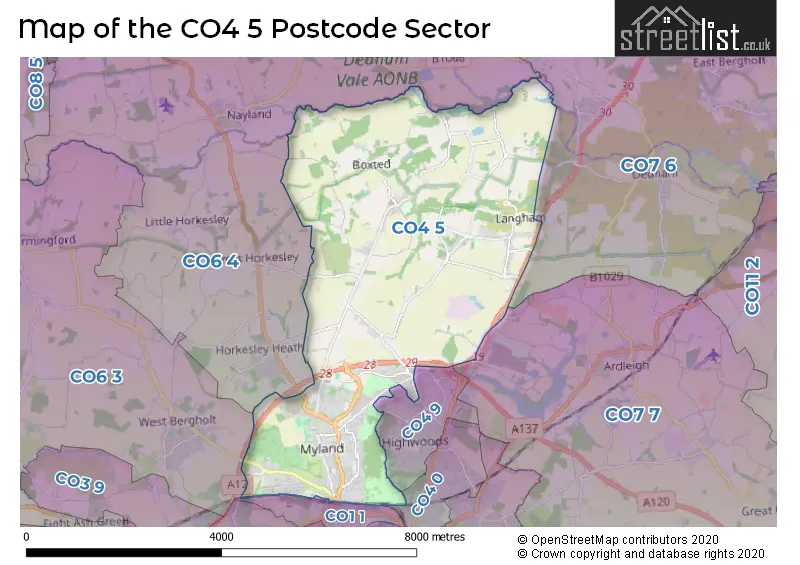 Map of the CO4 5 and surrounding postcode sector