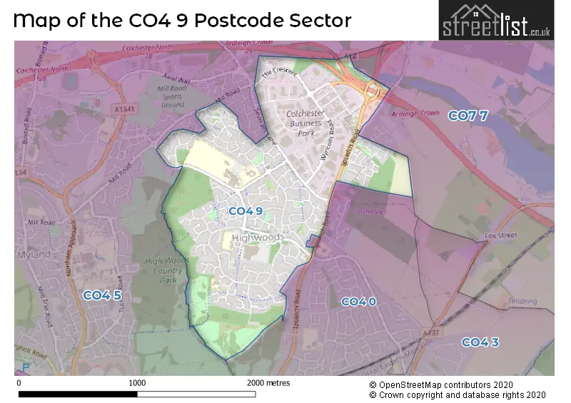 Map of the CO4 9 and surrounding postcode sector